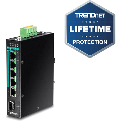 TRENDnet 5-Port Hardened Industrial Gigabit PoE+ DIN-Rail Switch, 120W Power Budget, 1 x SFP Slot, IP30 Rated, Unmanaged Switch, Gigabit PoE+ Network Switch, Lifetime Protection, Black, TI-PG541 TI-PG541