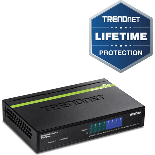 TRENDnet 8-Port Gigabit GREENnet PoE+ Switch, 4 x Gigabit PoE-PoE+ Ports, 4 x Gigabit Ports, 61W Power Budget, 16 Gbps Switch Capacity, Ethernet Unmanaged Switch, Lifetime Protection, Black, TPE-TG44G TPE-TG44g