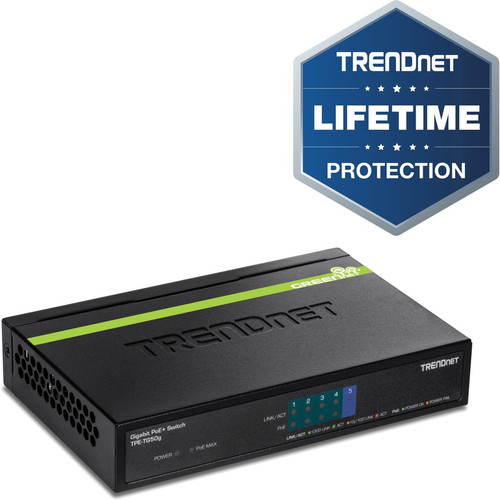 TRENDnet 5-Port Gigabit PoE+ Switch, 31 W PoE Budget, 10 Gbps Switching Capacity, Data & Power Through Ethernet To PoE Access Points And IP Cameras, Full & Half Duplex, Black, TPE-TG50g TPE-TG50g